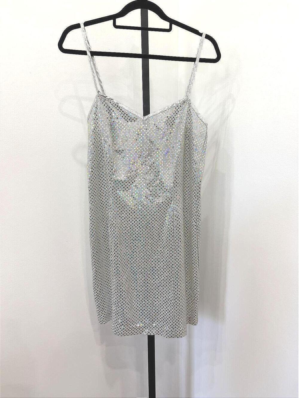 90s Mini Mayvens Silver Sequin Slip Dress with Spaghetti Straps